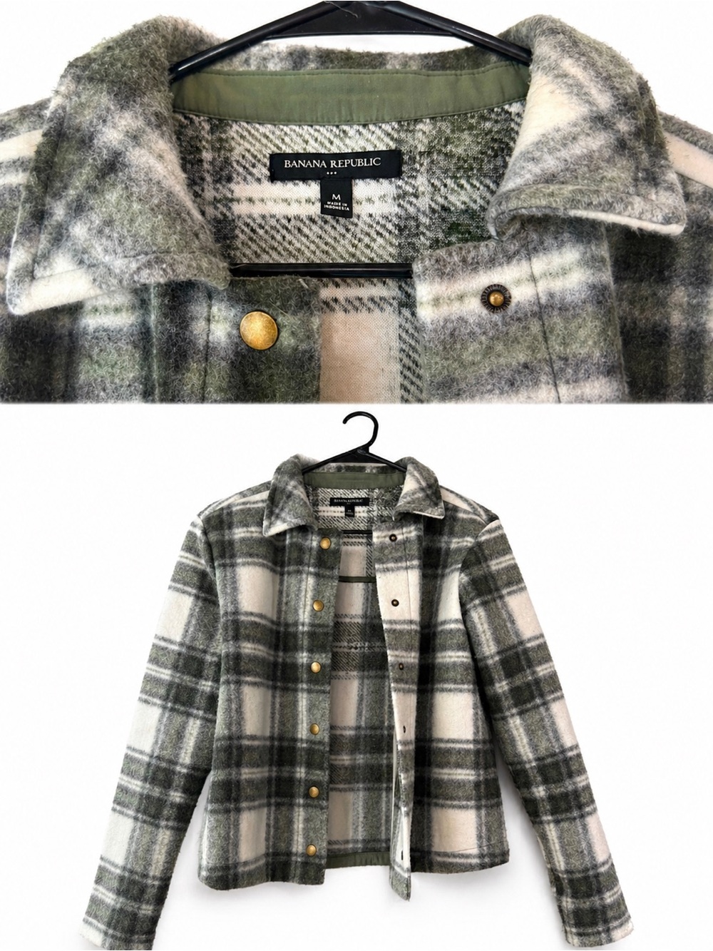 Banana Republic Green & White Plaid Wool Shacket with Brass Snaps